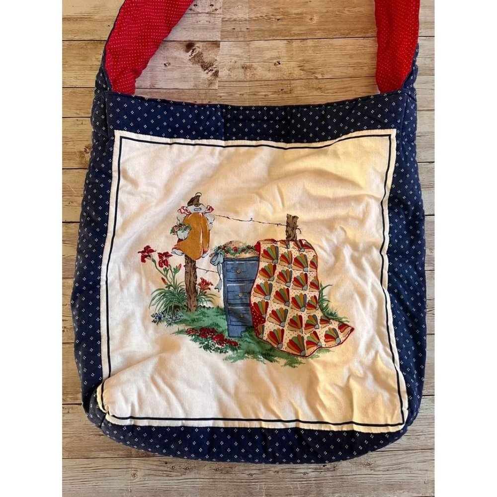 Vintage Hand Sewn Plush Filled Cotton Patterned Fabric Tote Bag Strap